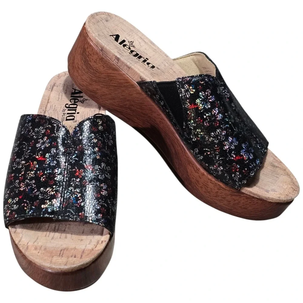 Alegria Womens Triniti Floral Leather Wedge Slide Sandals Black Multi 38